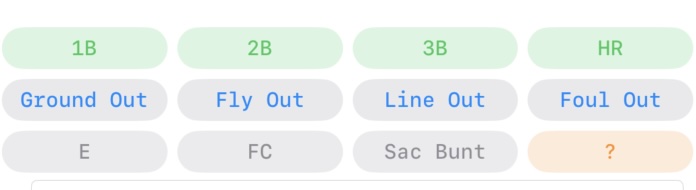 Outcome button grid showing hit, out, and other result options